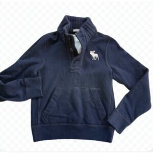 Abercrombie Kids Navy Blue Quarter Button Mock Neck Sweater Moose Logo - Size L
